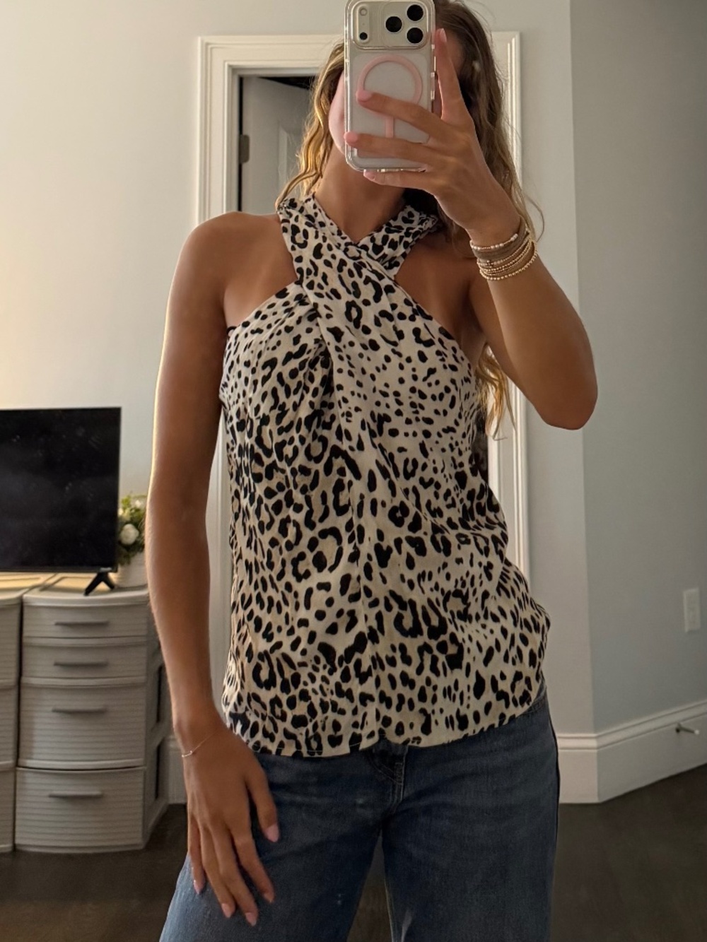 Fifteen Twenty - Cheetah Print Crossover Crepe Halter Top